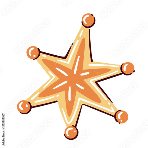 Sheriff gold star badge, decorated with round tips and white highlights. Fun cartoon doodle style. Vector illustration for western themes, stickers, kids designs, or cowboy party decor.