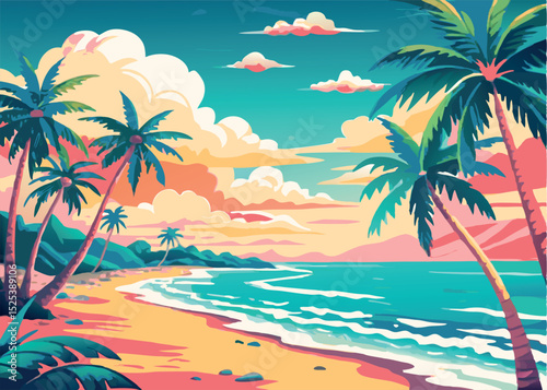 Tropical beach scene with palm trees stunning sunset colors and turquoise ocean waves