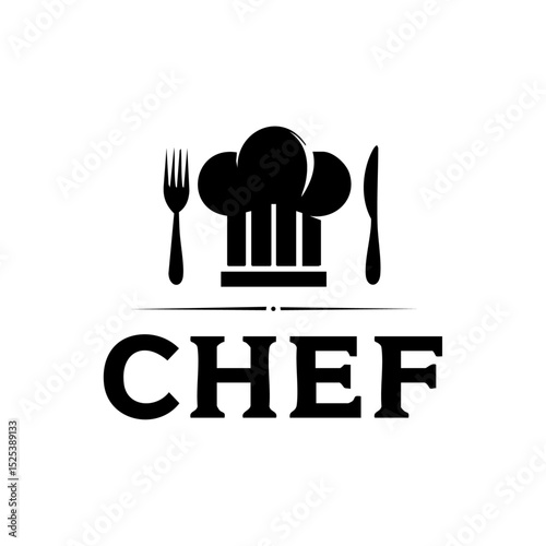 Vector logo of a chef hat flanked by fork and knife for culinary branding.

