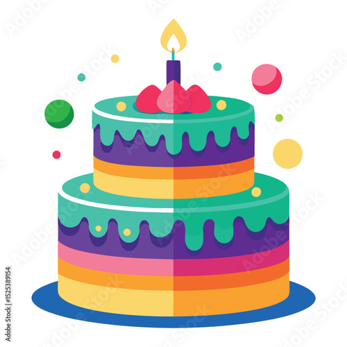 Two tiered birthday cake with candle and colorful decorations on white background