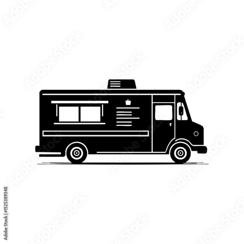Vector logo of a food truck with service window and minimal detail. Minimalist fast food truck design for branding and delivery apps.



