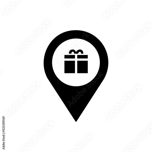 Minimalist black vector logo of a gift box inside a location pin, ideal for delivery, ecommerce, or celebration services.


