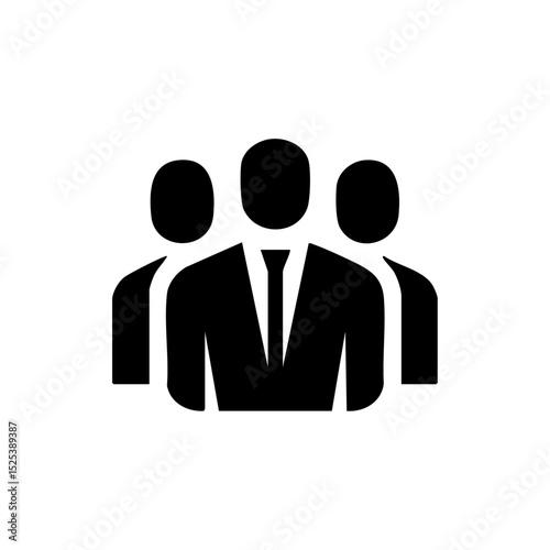 Vector symbol of a business team with three silhouettes, one in a suit. Minimal logo for leadership, teamwork, corporate collaboration, or HR.



