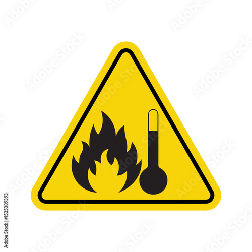 Warning sign with flame and thermometer, ideal for fire hazard and temperature safety designs