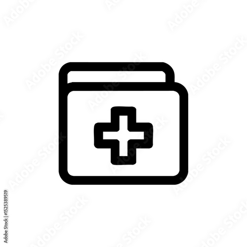Vector icon of a medical file folder with a cross symbol. Black outline icon of medical archive for clinics and hospitals.



