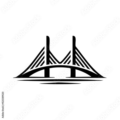 Black vector icon of a modern suspension bridge. Abstract transportation or civil engineering graphic.



