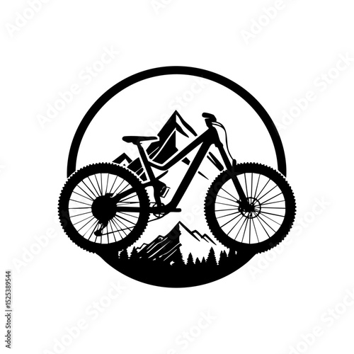Vector logo of a mountain bike in circular frame with forest and peak silhouette.

