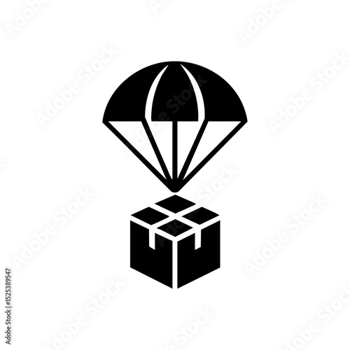 Vector logo of a parachute delivering a package in minimalist black style.

