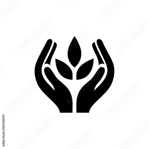 Elegant icon of two hands gently supporting a growing plant, symbolizing care and sustainability.

