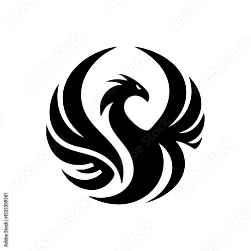 Abstract phoenix bird rising in circular symmetrical design


