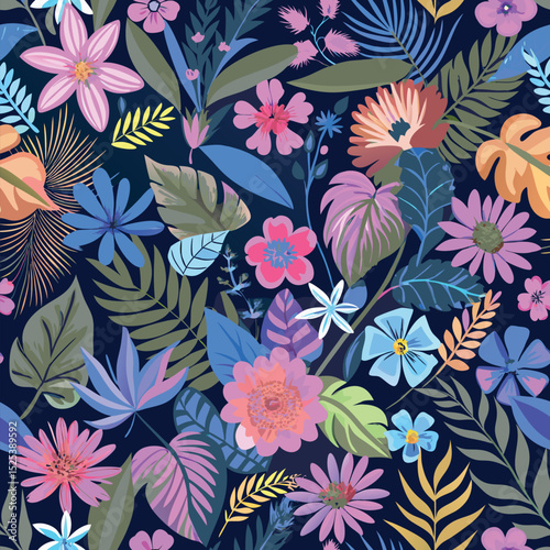 Vibrant floral seamless pattern with colorful flowers and tropical foliage on dark navy blue background