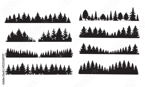Detailed tree silhouettes of various trees