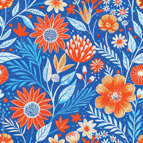 Vibrant seamless botanical pattern featuring orange and blue floral elements on a royal blue background