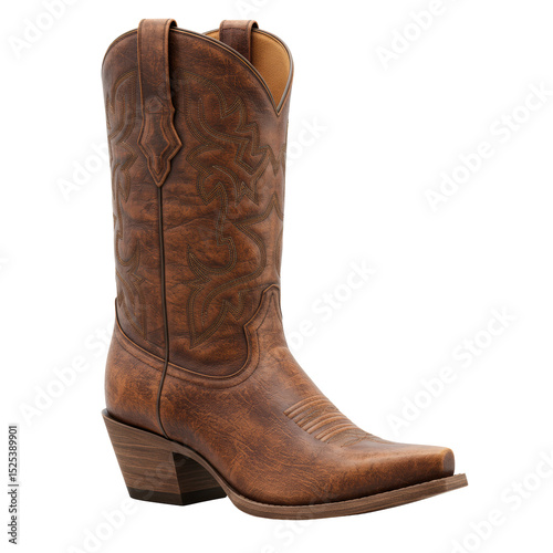 A meticulously detailed, ultra-realistic Western cowboy boot crafted from rich, aged brown leather with intricate stitching, stacked heel, and pointed toe, isolated on a transparent studio