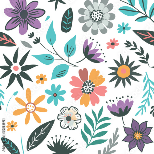 Whimsical floral pattern arrangement featuring hand drawn colorful flowers and foliage on white background