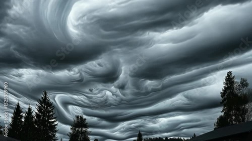 Dramatic, wavy cloudscapes fill the sky