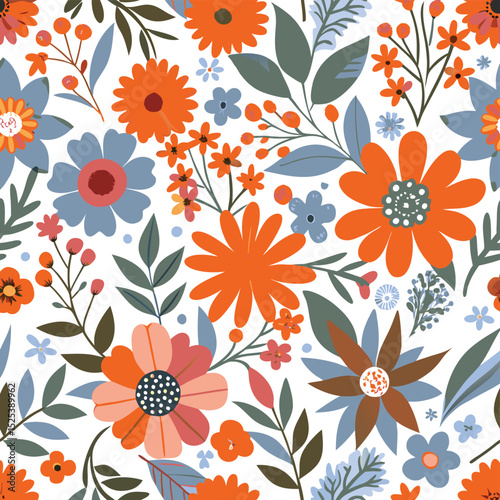 Whimsical floral pattern with a seamless design featuring vibrant orange and blue botanical elements