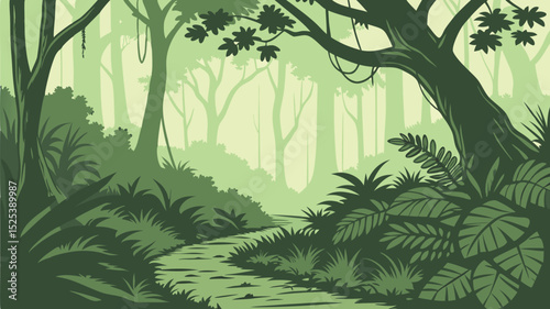 Lush Forest Scene Vector Illustration with Green Trees