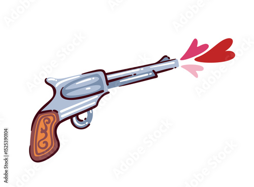 Cowboy revolver with pink hearts instead of bullets. Fun cartoon style with decorative wooden handle. Outline vector illustration for stickers, prints, or romantic western designs.