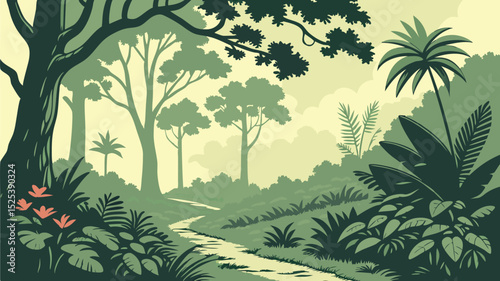 Lush Forest Scene Vector Illustration with Green Trees