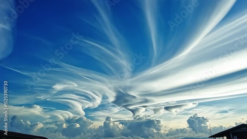 Wispy, flowing clouds against a deep blue sky
