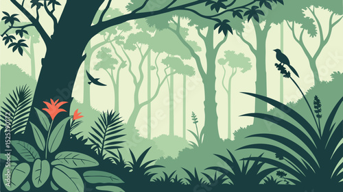 Lush Forest Scene Vector Illustration with Green Trees