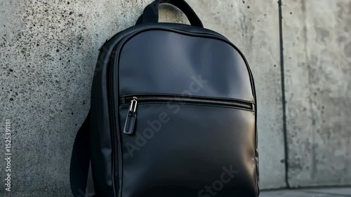 Black leather backpack against a concrete wall