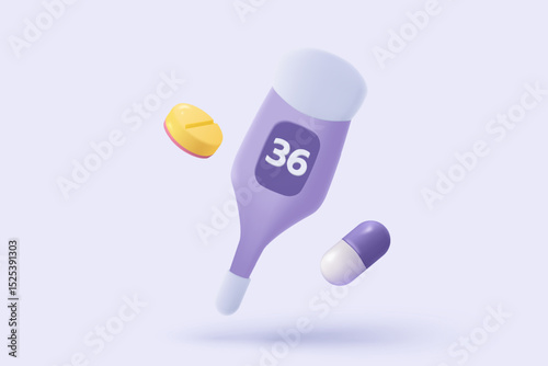 3D digital thermometer scan icon signs. Body temperature measuring. Medical testing fever equipment. Fever diagnostic medicine concepts. 3d health care medic icon vector render illustration