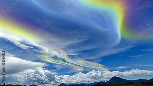 Colorful iridescent cloudscape against a vibrant blue sky