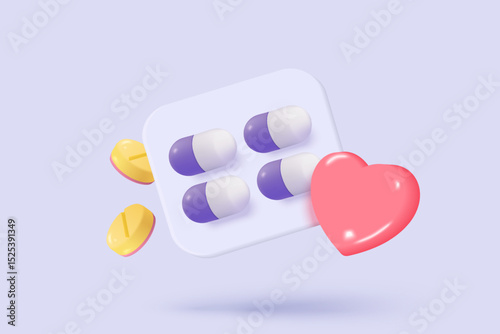 3d pharmacy drug for health pharmaceutical icon signs. cardiology of first aid and health care concepts. Medical symbol of emergency help with clinical. 3d heal medic icon vector render illustration