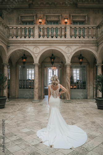 Back view of bride in lace wedding gown in marble courtyard