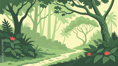 Lush Forest Scene Vector Illustration with Green Trees