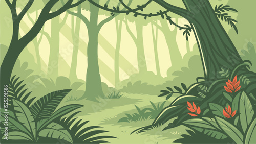 Lush Forest Scene Vector Illustration with Green Trees