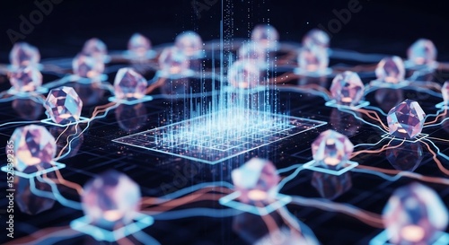 Digital representation of blockchain network illustrating interconnected nodes and data transfer photo
