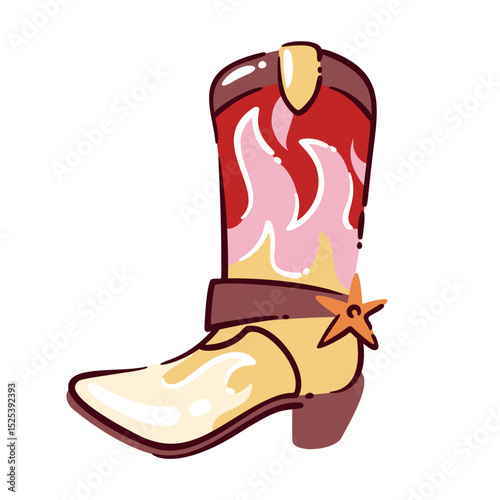 Western cowgirl boot in cream and red with pink flame pattern and star detail on the strap. Stylish cowgirl boot in bold cartoon style for prints, stickers, or kids apparel. Vector illustration.
