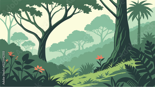 Lush Forest Scene Vector Illustration with Green Trees