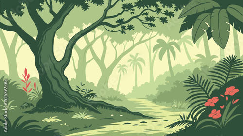 Lush Forest Scene Vector Illustration with Green Trees