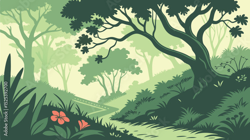 Lush Forest Scene Vector Illustration with Green Trees