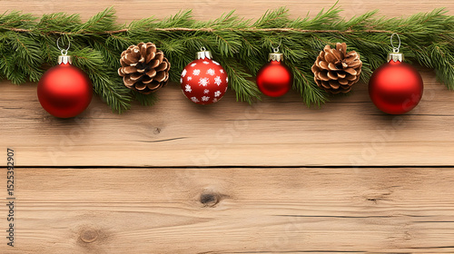 Christmas decorations on a wooden background with pine branches and ornaments