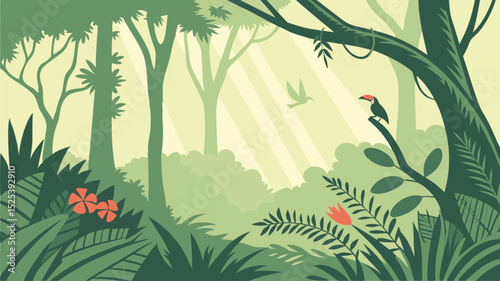 Lush Forest Scene Vector Illustration with Green Trees