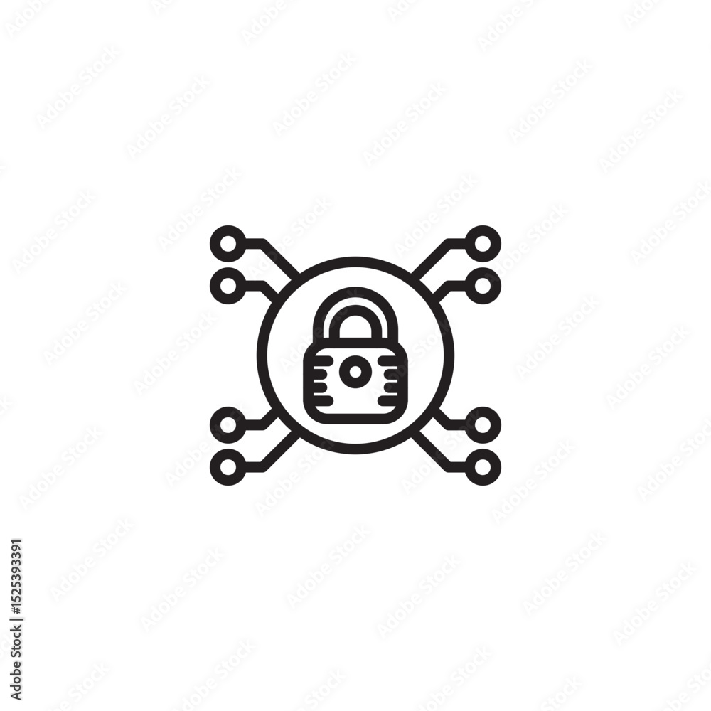 Fototapeta premium A cybersecurity icon featuring a padlock within a circuit board design, symbolizing digital security, data protection, and network defense.
