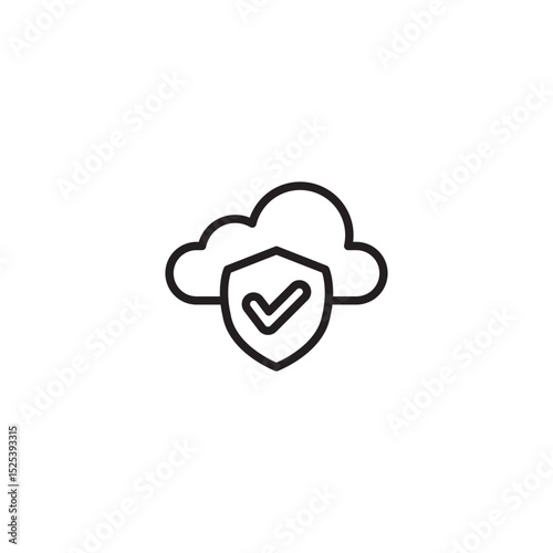 A minimalist black and white line art icon showing a cloud with a shield containing a checkmark, symbolizing secure cloud services, data integrity, or reliable online protection.