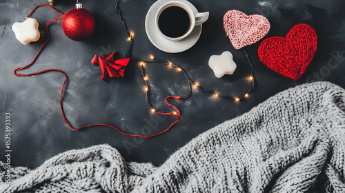 Christmas decoration with red heart on blackboard and festive red background