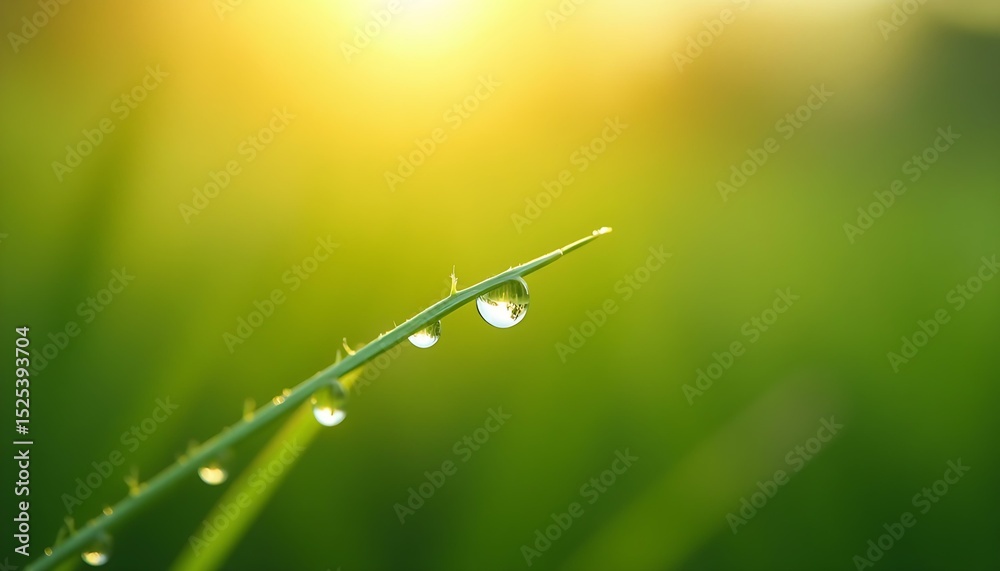 Obraz premium Dew drops on grass blade nature macro photography green background morning freshness