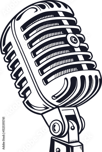 White background illustration of a classic metal retro microphone for music and broadcast