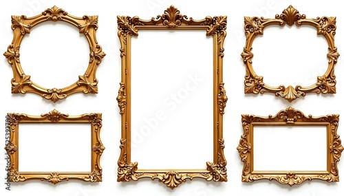 Collection of Six Ornate Gold Picture Frames with Intricate Carvings on a Clean White Background
