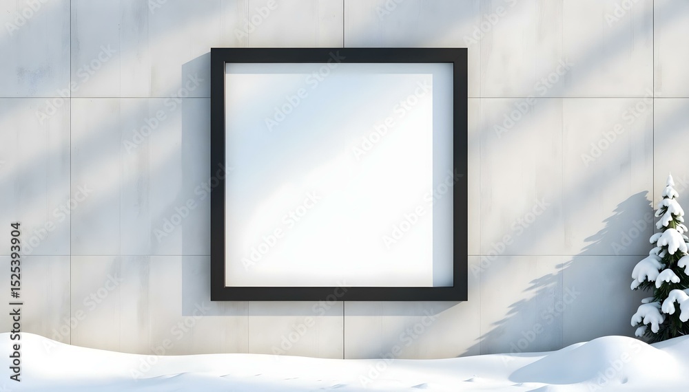 Fototapeta premium Square Black Frame Mockup on Concrete Wall in Winter with Snow and Small Pine Tree