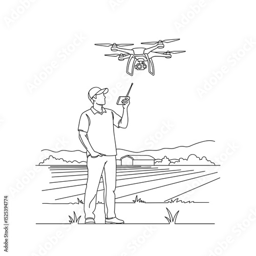 Man using drone on farm with focus on technology on transparent background for agricultural innovation