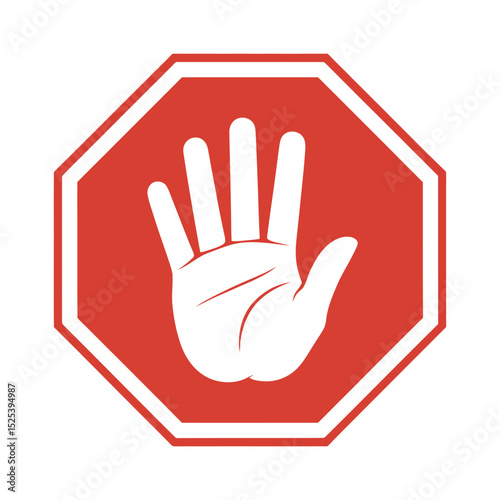 Red Octagon Stop Sign with White Border Featuring a White Hand with Fingers Extended Indicating Halt or Prohibition on a White Background red