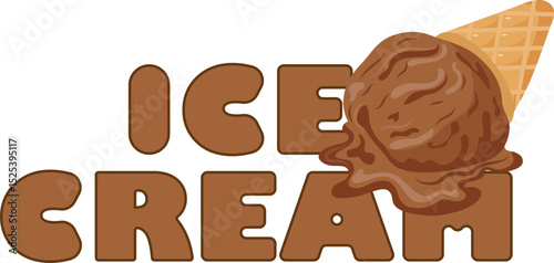icon of a scoop of melting chocolate ice cream with the name of the food, for printing and social media
